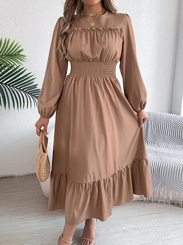 Pleated Solid Color A-Line Elasticated Waist Round-Neck Maxi Dresses