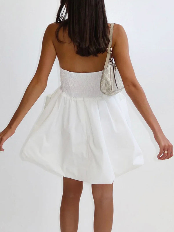 Elasticity Pleated Pockets Solid Color A-Line High Waisted Tube Mini Dresses