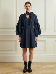 Long Sleeves Puff Sleeves Belted Bow-Embellished Solid Color V-Neck Mini Dresses