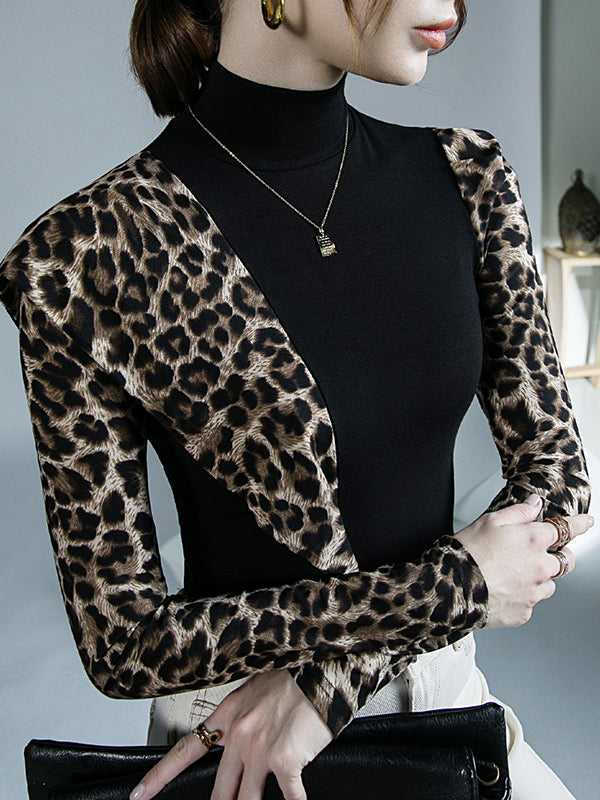 Leopard Split-Joint Long Sleeves Skinny High-Neck T-Shirts Tops