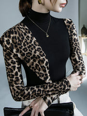 Leopard Split-Joint Long Sleeves Skinny High-Neck T-Shirts Tops