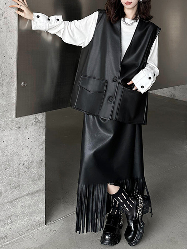 Buttoned Pockets Solid Color Loose Sleeveless V-neck Vest Outerwear