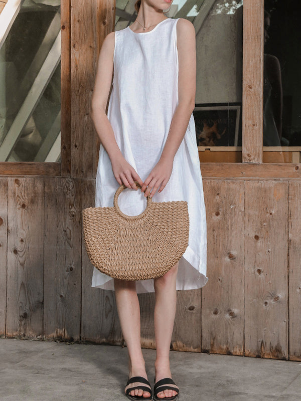 Solid Color High-Low Loose Round-Neck Midi Dresses