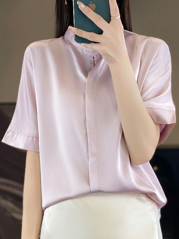 Buttoned Solid Color Loose Short Sleeves Stand Collar Blouses&Shirts Tops