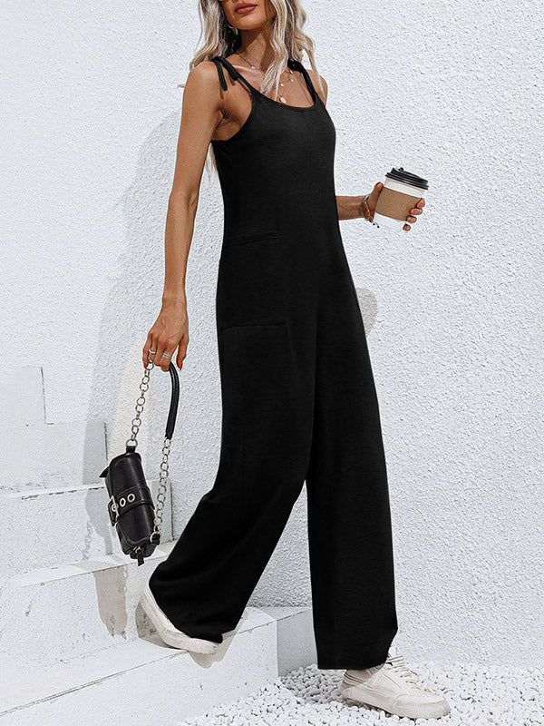 Pockets Solid Color Tied High Waisted Sleeveless Spaghetti-Neck Jumpsuits