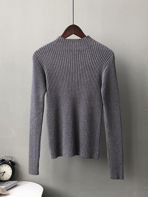 Simple Long Sleeves Skinny Leg Solid Color High-Neck Sweater Tops