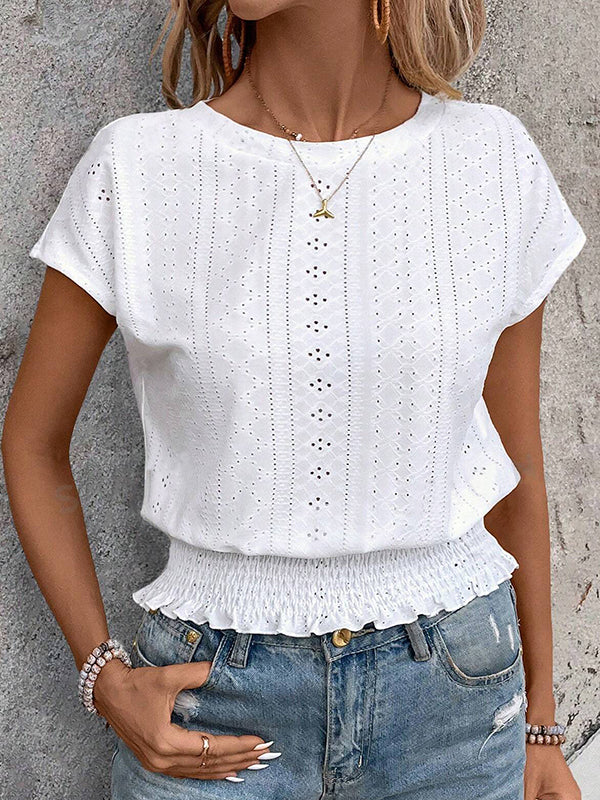 Elasticity Hollow Jacquard Solid Color Loose Short Sleeves Round-Neck T-Shirts Tops