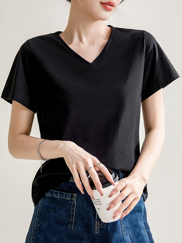 Solid Color Loose Short Sleeves V-Neck T-Shirts Tops