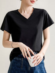 Solid Color Loose Short Sleeves V-Neck T-Shirts Tops