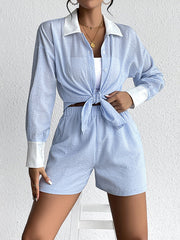 Striped Lapel Long Sleeves Loose Buttoned Split-Joint Blouses Top + Elasticity Shorts Bottom Two Pieces Set