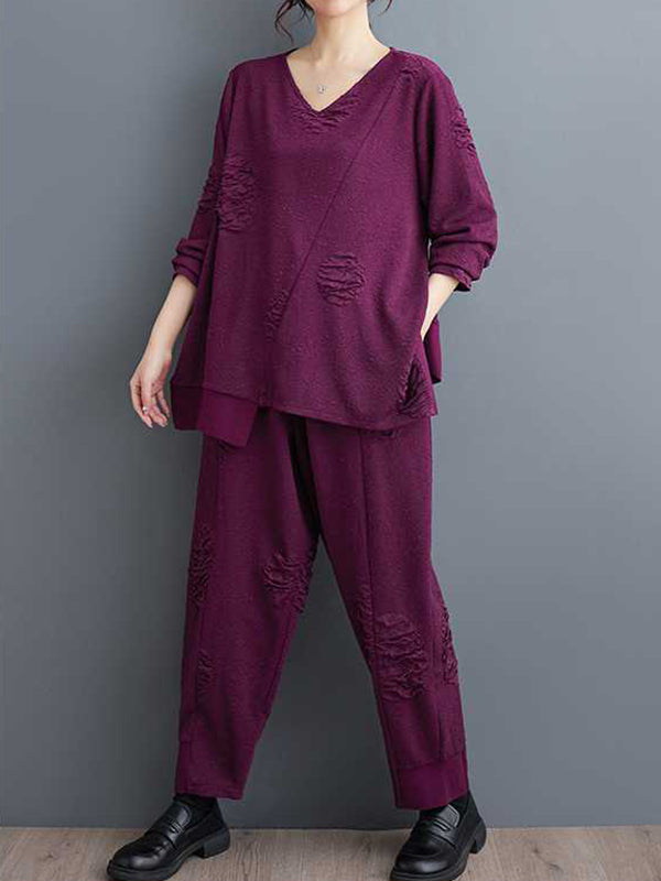 Split-Joint V-Neck Long Sleeves Asymmetric Solid Color T-Shirts Top + Harem Pants Elasticity Pants Bottom Two Pieces Set
