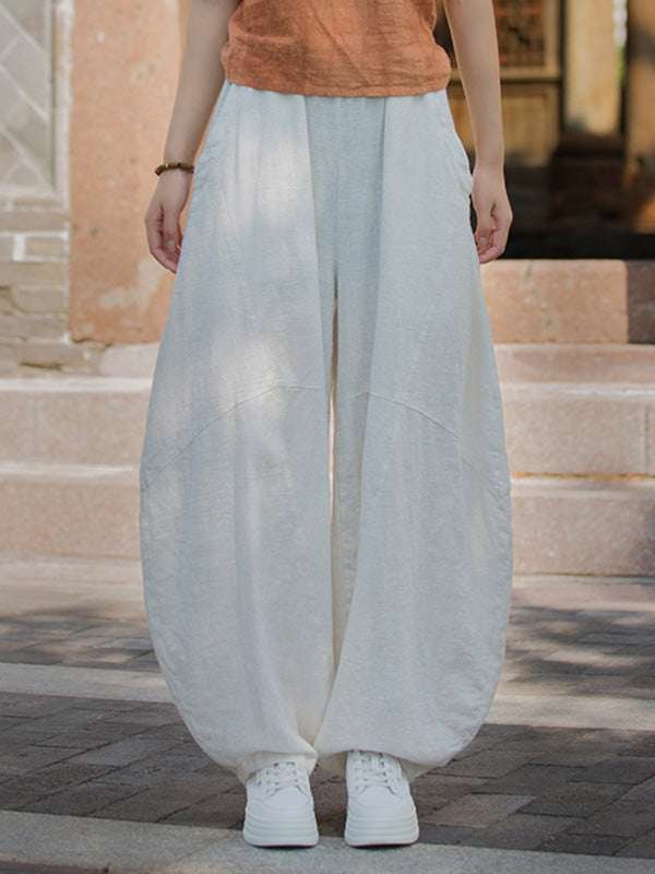 Elasticity Pockets Solid Color Split-Joint Loose Pants Cropped Trousers