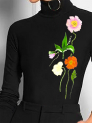 Flower Print Printed Split-Joint Long Sleeves Skinny High Neck T-Shirts Tops