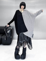 Asymmetric Contrast Color Split-Joint Textured Batwing Sleeves Irregularity V-Neck Sweater Tops