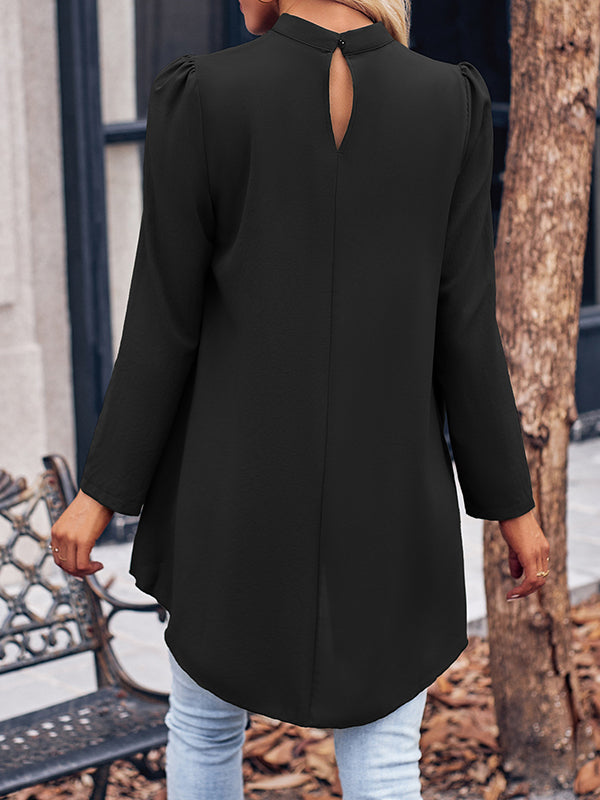 Solid Color Split-Joint False Two High-Low Mock Neck Blouses&Shirts Tops