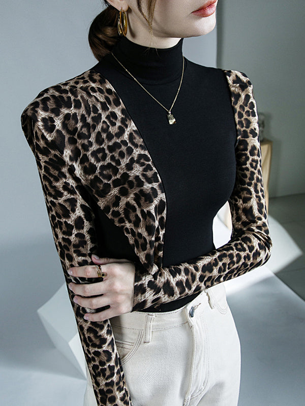Leopard Split-Joint Long Sleeves Skinny High-Neck T-Shirts Tops