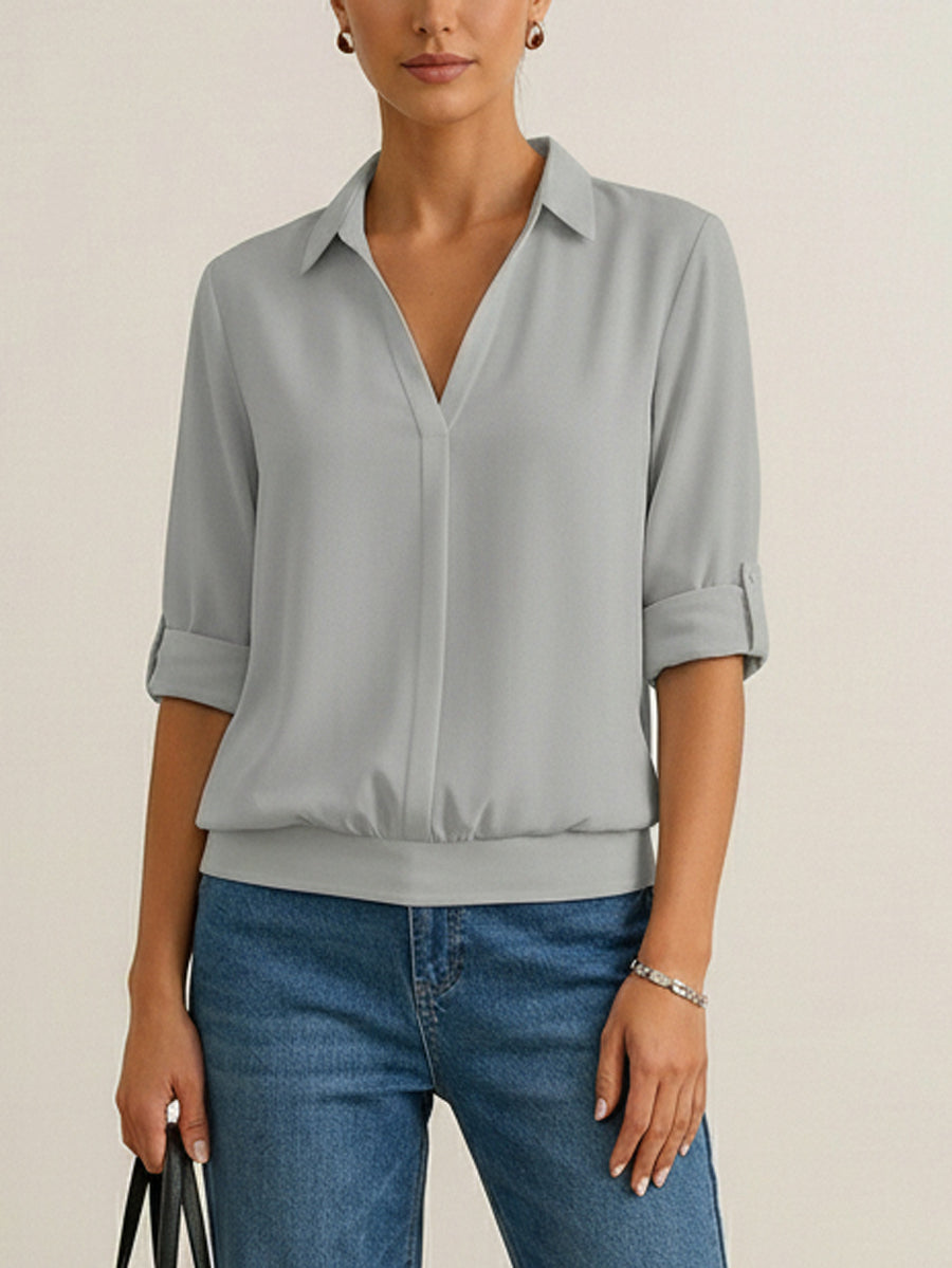 Solid Color Split-Joint Half Sleeves Lapel Blouses&shirts Tops