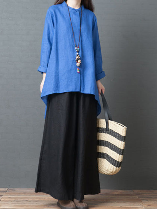 Linen Solid Color Round-Neck Puff Sleeve Blouse Tops