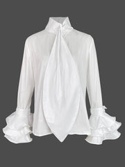 Flared Sleeves Long Sleeves Buttoned Falbala Solid Color Stand Collar Blouses&Shirts Tops