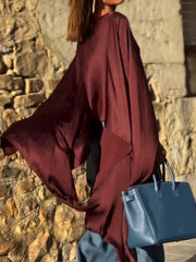 Solid Color Split-Joint Batwing Sleeves High-low Round-neck Blouses&shirts Tops
