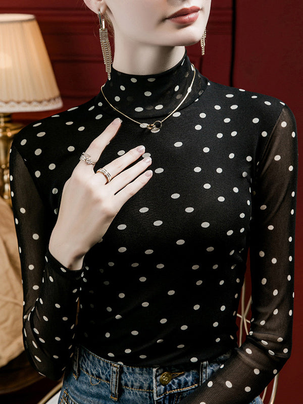 Polka-Dot Long Sleeves Plus Size Mock Neck T-Shirts Tops