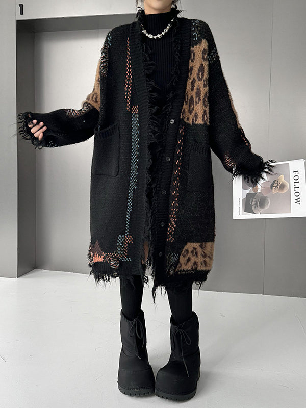 Asymmetric Buttoned Contrast Color Leopard Pockets Split-Joint Hipster Long Sleeves V-Neck Cardigan Tops