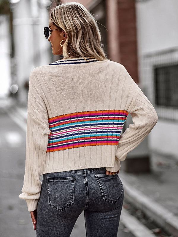 Casual Long Sleeves Striped V-Neck Sweater Tops
