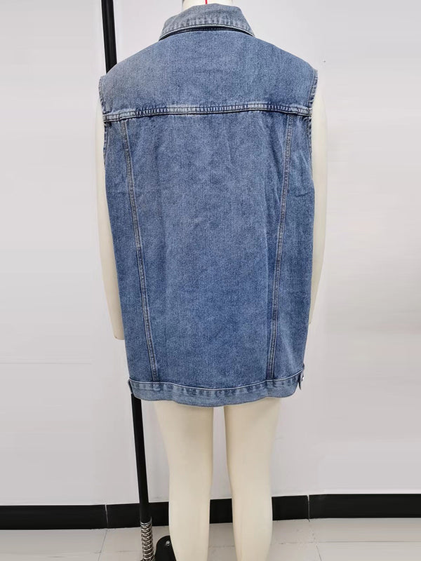 Buttoned Drawstring Pockets Split-Joint Loose Sleeveless Polo Vest Outerwear