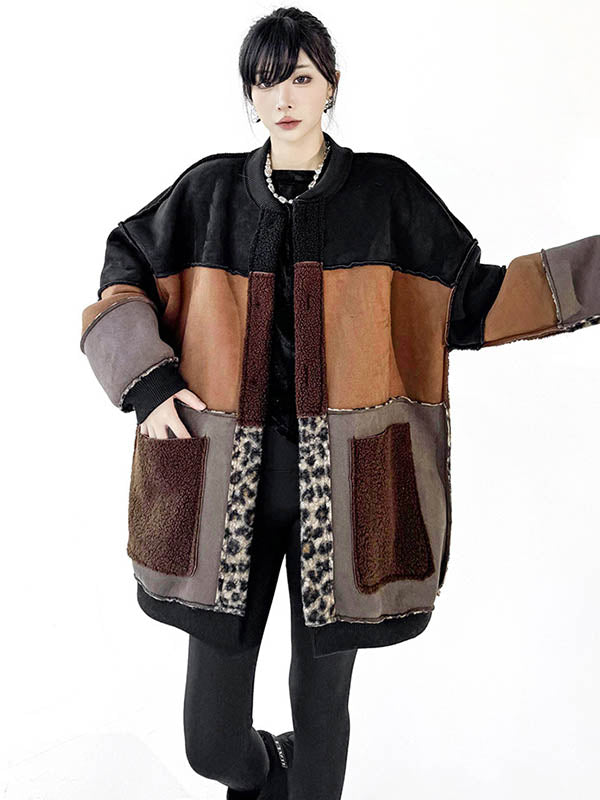 Buttoned Contrast Color Reversible Split-Joint Long Sleeves Loose Round-Neck Outerwear Cardigan Tops