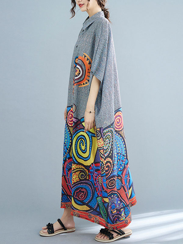 Printed Batwing Sleeves Loose Lapel Midi Dresses