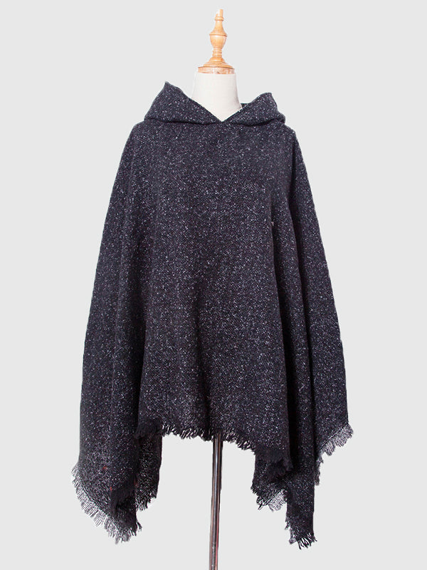 Fringed Hooded Keep Warm Solid Color Shawl&Cloak Cape