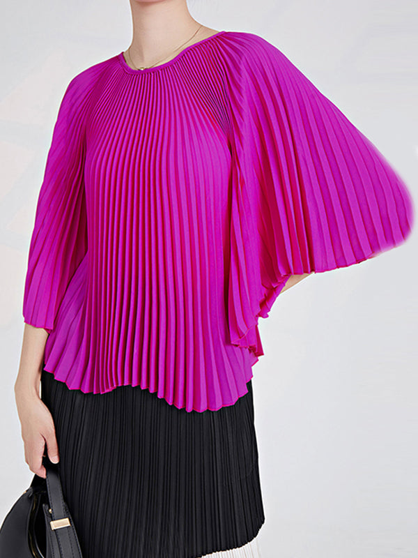 Pleated Solid Color Batwing Sleeves Loose Round-Neck T-Shirts Tops