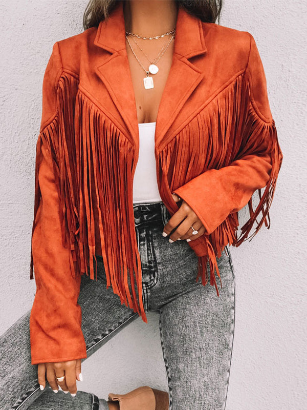 Solid Color Split-Joint Tasseled Long Sleeves Notched Collar Jackets