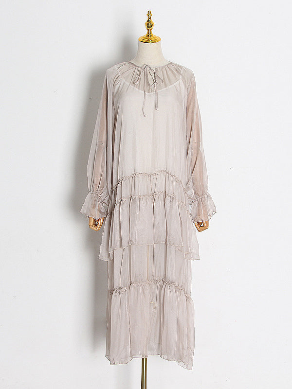Solid Color Split-Joint High Waisted Long Sleeves Elasticity Mesh Ruffled V-Neck Inner Dress +Outer Maxi Dresses Two Pieces Set