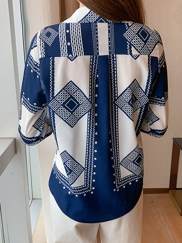Buttoned Printed Long Sleeves Loose Lapel Blouses&Shirts Tops