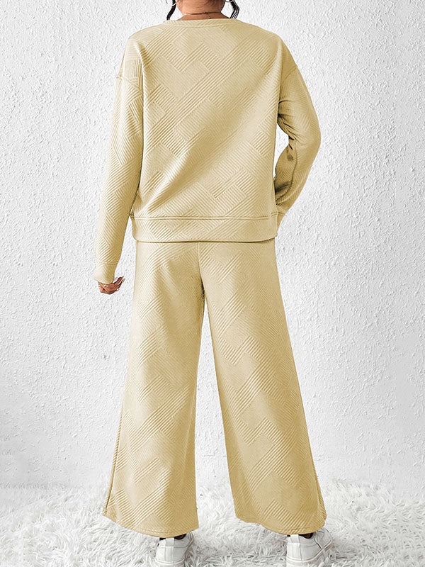 Round-Neck Long Sleeves Loose Solid Color Shirts Top + Drawstring Pants Bottom Two Pieces Set