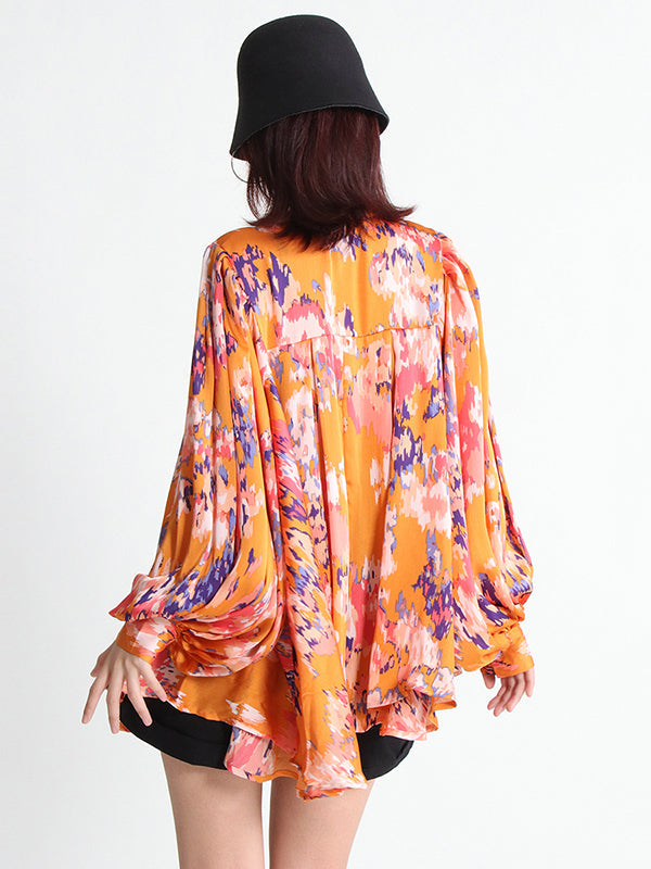 Loose Printed Puff Sleeves Pleated Stand Collar Blouses
