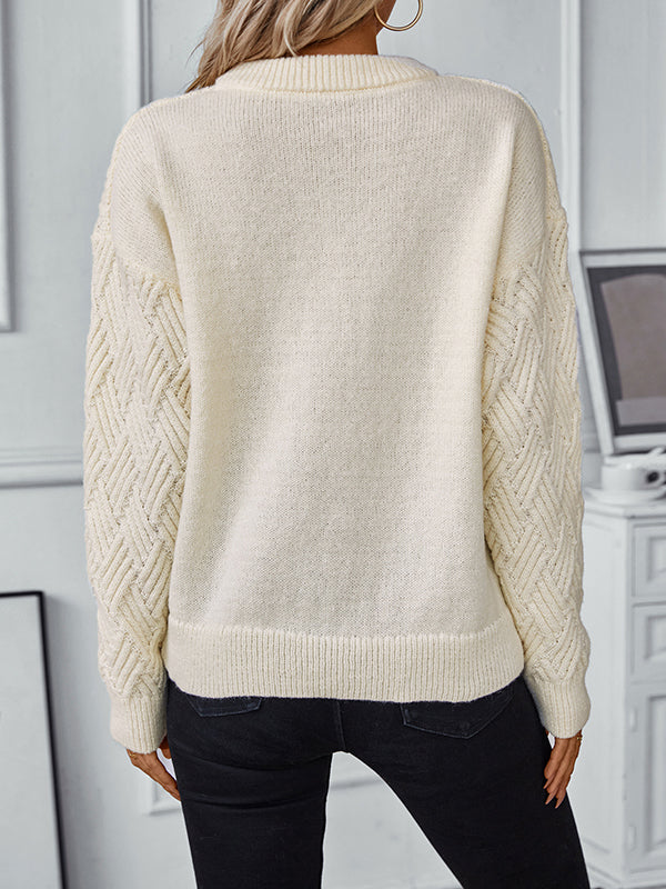 Solid Color Split-Joint Long Sleeves Loose Round-Neck Sweater Tops Pullovers