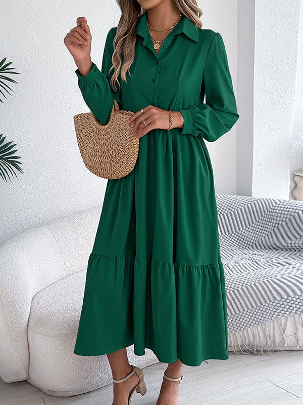 Pleated Ruffled Solid Color High Waisted Long Sleeves Lapel Shirt Dress Midi Dresses