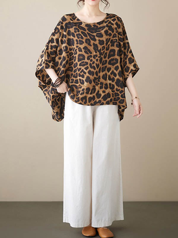 Leopard Batwing Sleeves Loose Round-Neck T-Shirts Tops