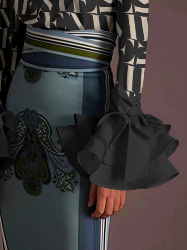 Buttoned Letter Print Flared Sleeves Long Sleeves Lapel Blouses&Shirts Tops