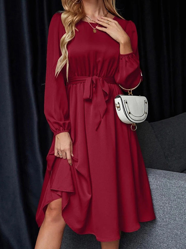 Elasticity Pleated Solid Color Split-Joint Tied Waist Loose Puff Sleeves Round-neck Midi Dresses