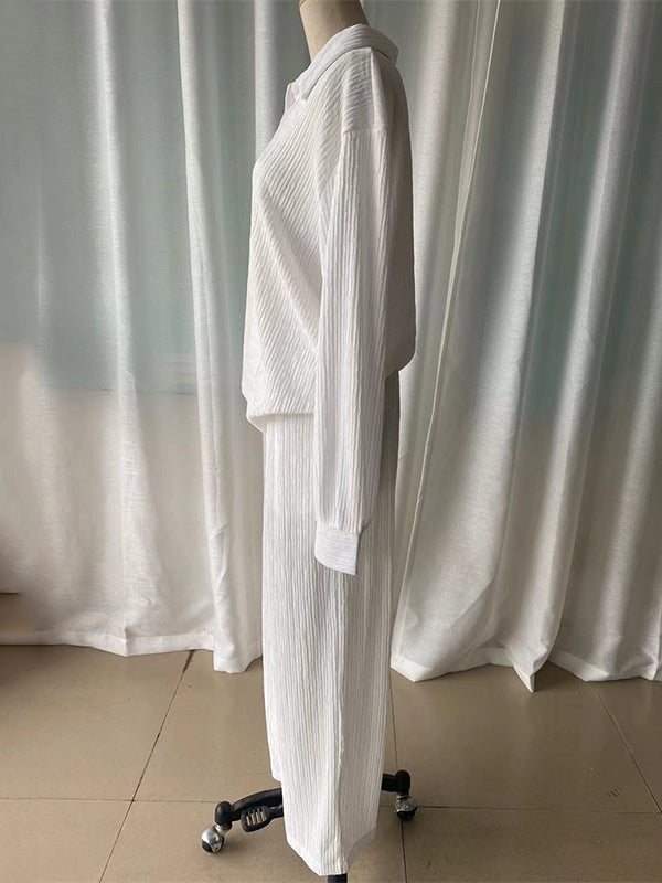 Lapel Pleated Solid Color High-Low Long Sleeves Split-Side Shirts Top + Pants Bottom Two Pieces Set