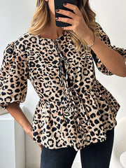 Elasticity Leopard Pleated Split-Joint Tied Half Sleeves Loose Round-Neck Blouses&Shirts Tops