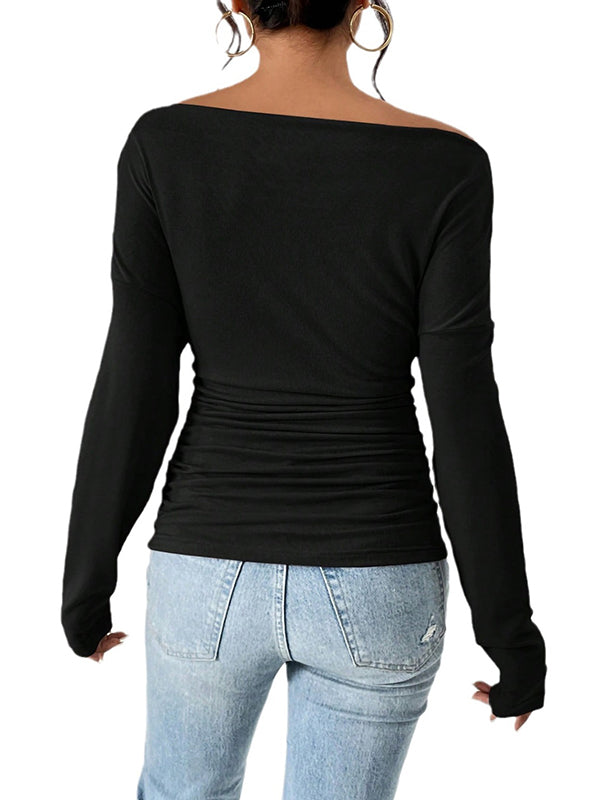Solid Color Long Sleeves Skinny One-Shoulder T-Shirts Tops