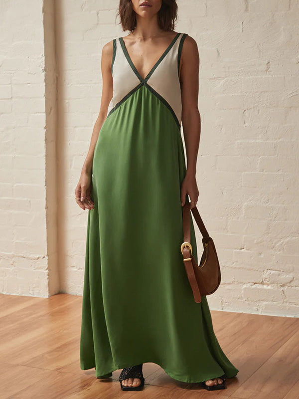 Contrast Color Split-Joint Loose Sleeveless Deep V-Neck Maxi Dresses