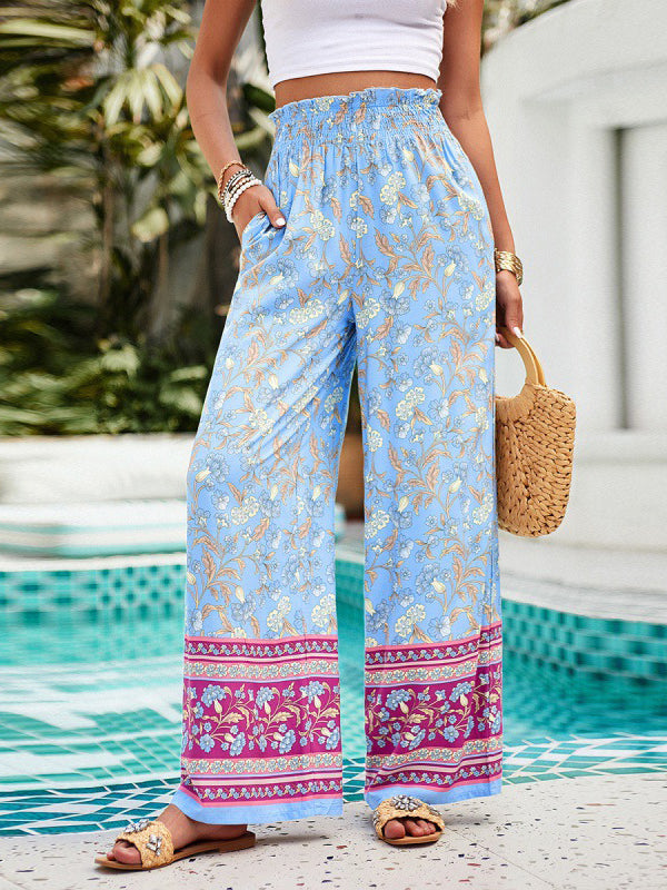 Elasticity Flower Print Pleated Pockets High Waisted Loose Trousers Pants