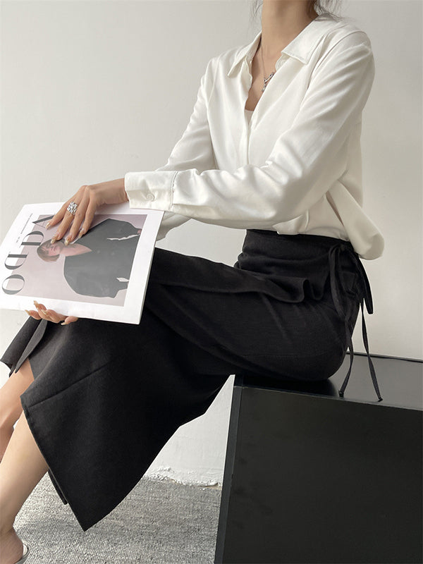 Pleated Split-Joint Long Sleeves Loose Lapel Blouses&Shirts Tops