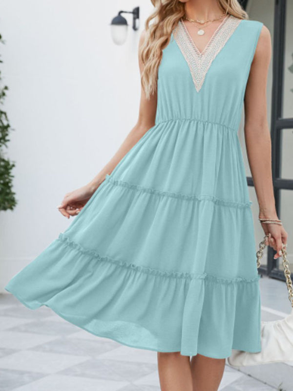 Elasticity Pleated Split-Joint A-Line High Waisted V-Neck Midi Dresses