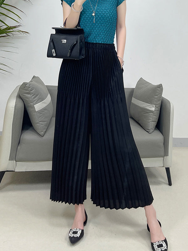Elasticity Pleated Solid Color Split-Joint High Waisted Loose Trousers Pants
